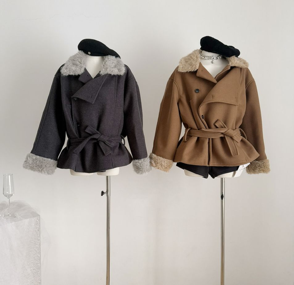 慵懶風毛領拼接顯瘦收腰毛呢大衣外套