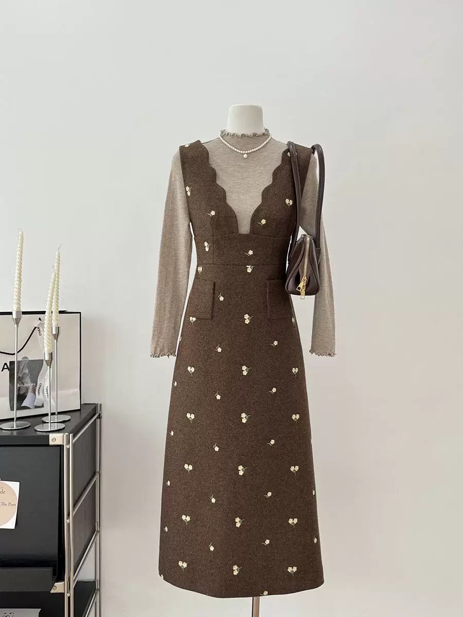 溫柔風長袖打底上衣➕碎花長洋裝兩件式套裝