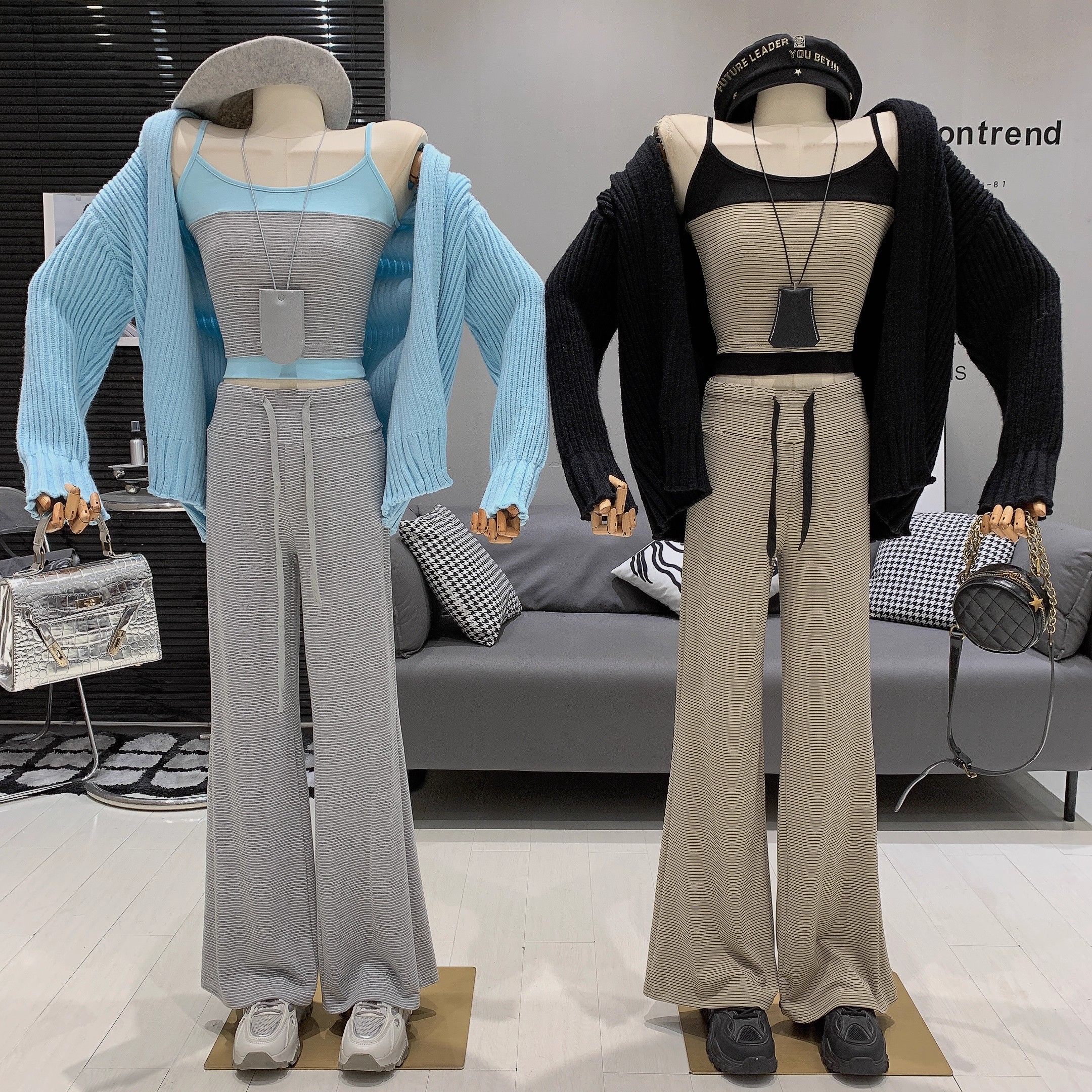 慵懶風條紋吊帶背心+長褲+毛衣外套三件式套裝