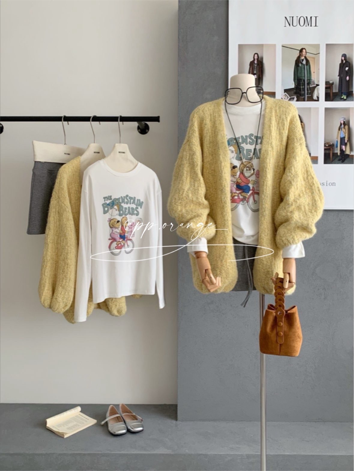 慵懶風黃色毛衣外套➕Ｔ恤➕短裙三件套