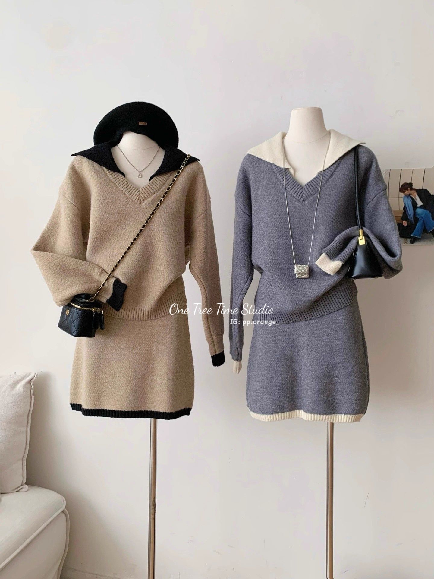 韓系撞色領針織兩件套裝