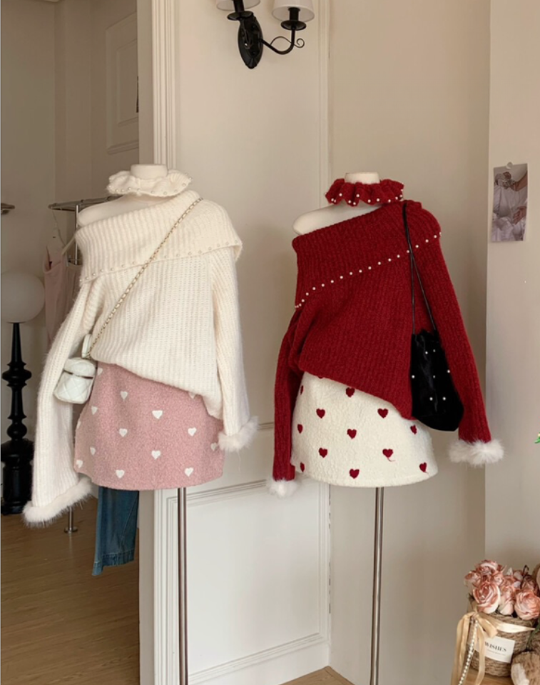 韓系氛圍感一字肩毛衣➕毛絨短裙兩件套裝