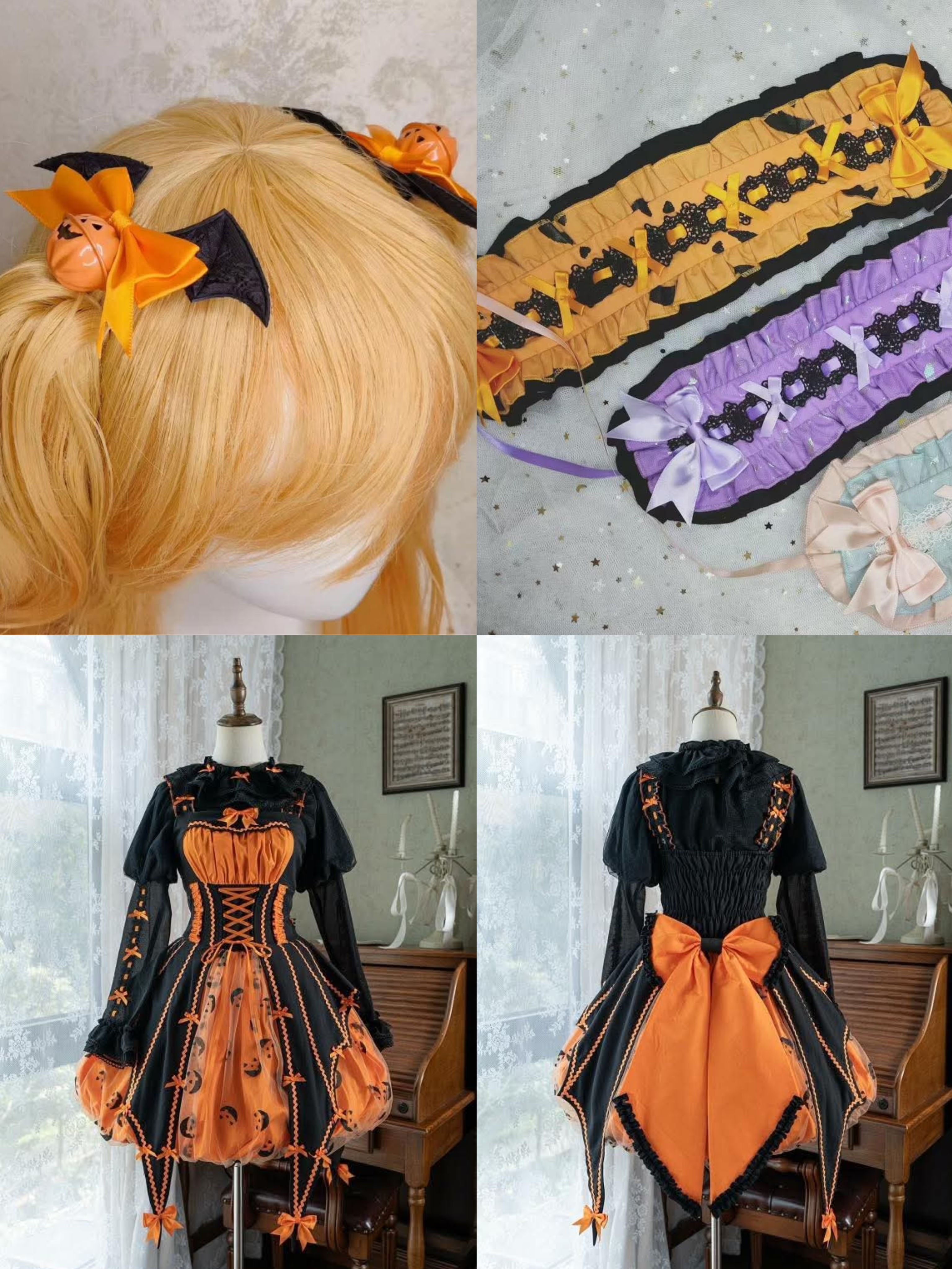 套裝｜【LemonHoney】南瓜燈-JSK：成人款 ALL橘黑 南瓜裙 內搭 頭帶 髮夾