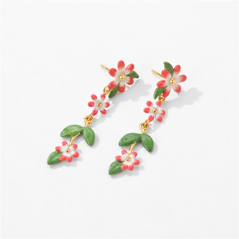 櫻花琺瑯蜜桃紅垂墜式耳環