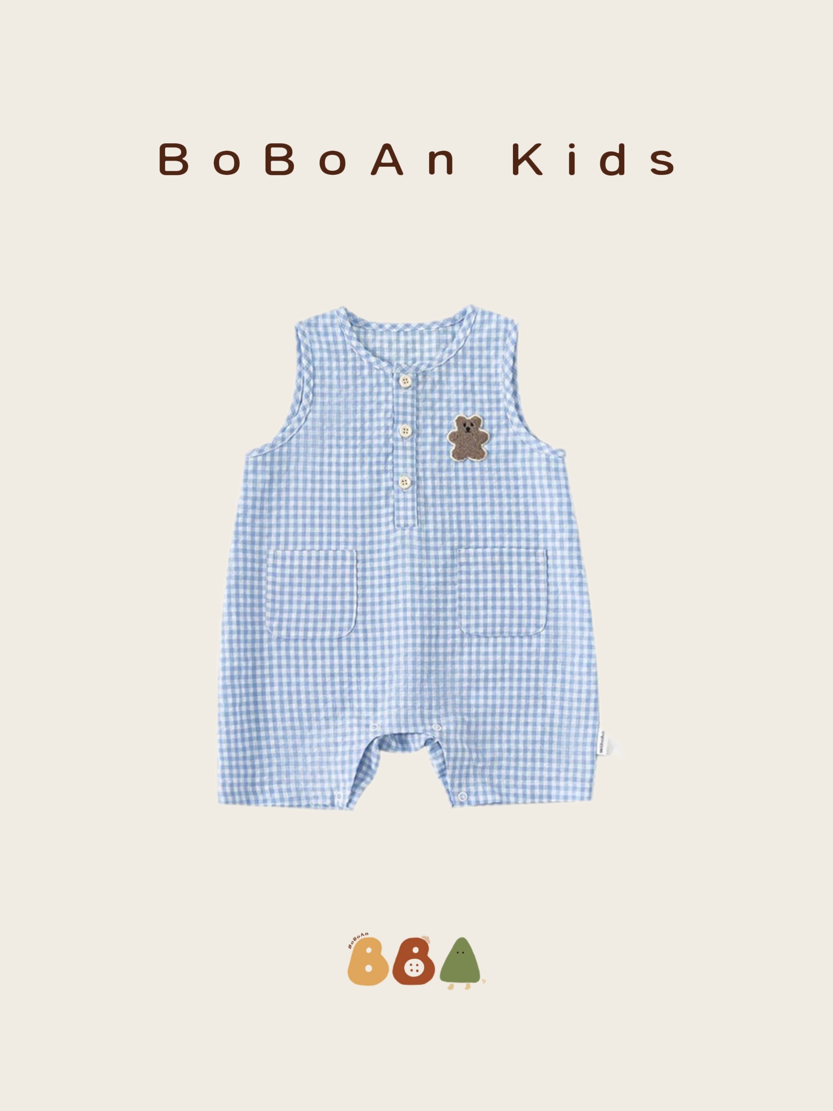 夏日男女款小熊藍格連身褲B006
