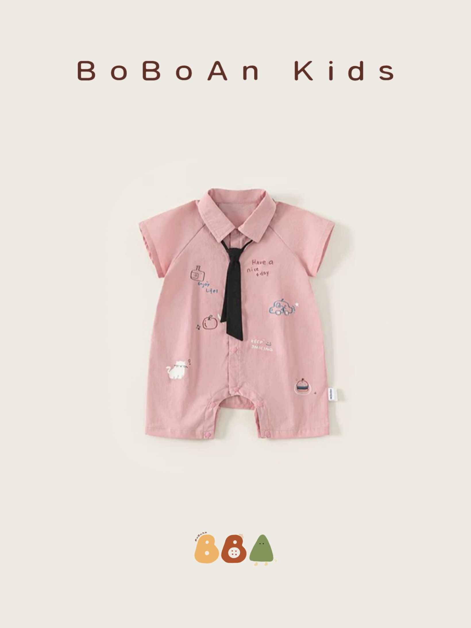 春夏純棉乾燥玫瑰粉領帶塗鴉連身褲