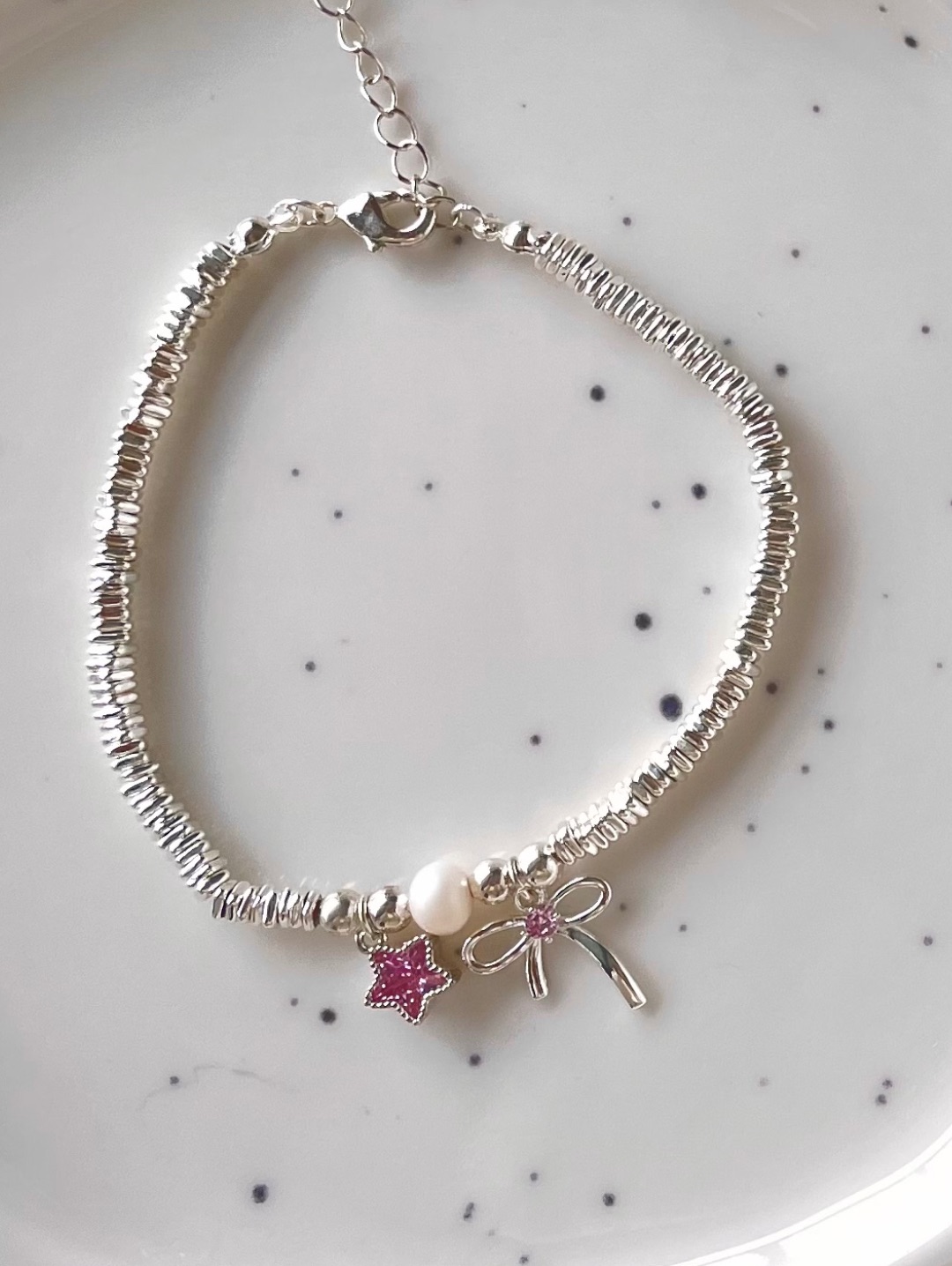 ☆捕夢之星☆｜碎銀珍珠星辰蝴蝶結手鏈