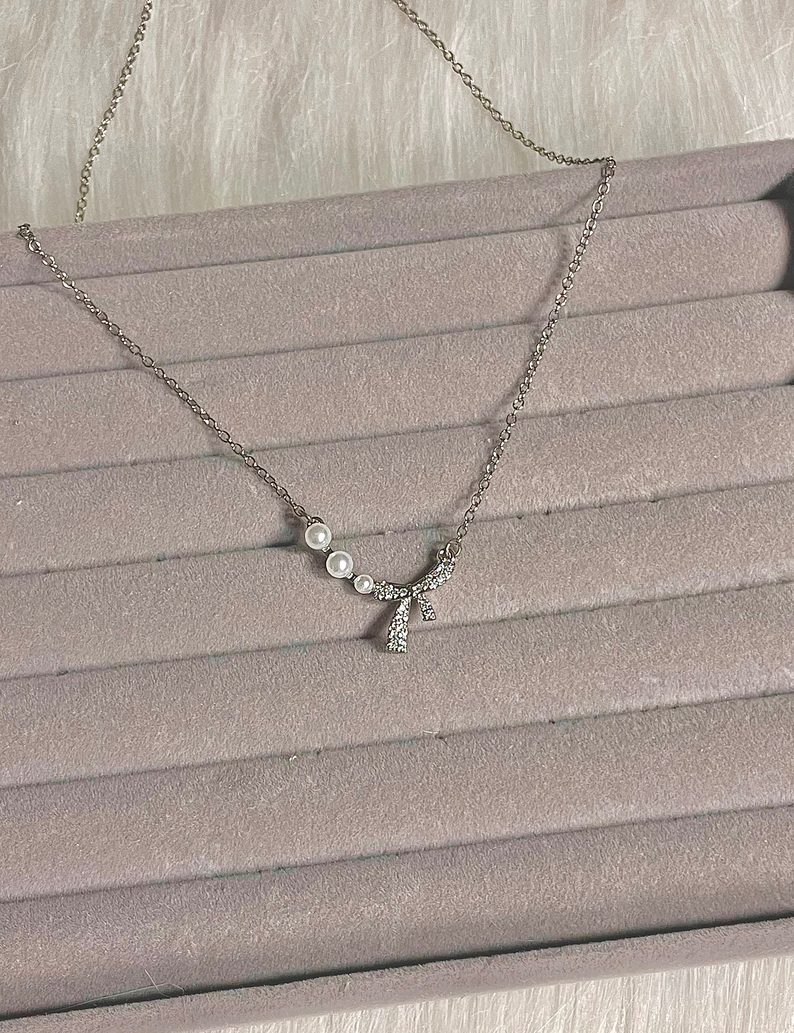 ☆STEEL鈦鋼☆｜珍珠鑲鑽蝴蝶結項鍊