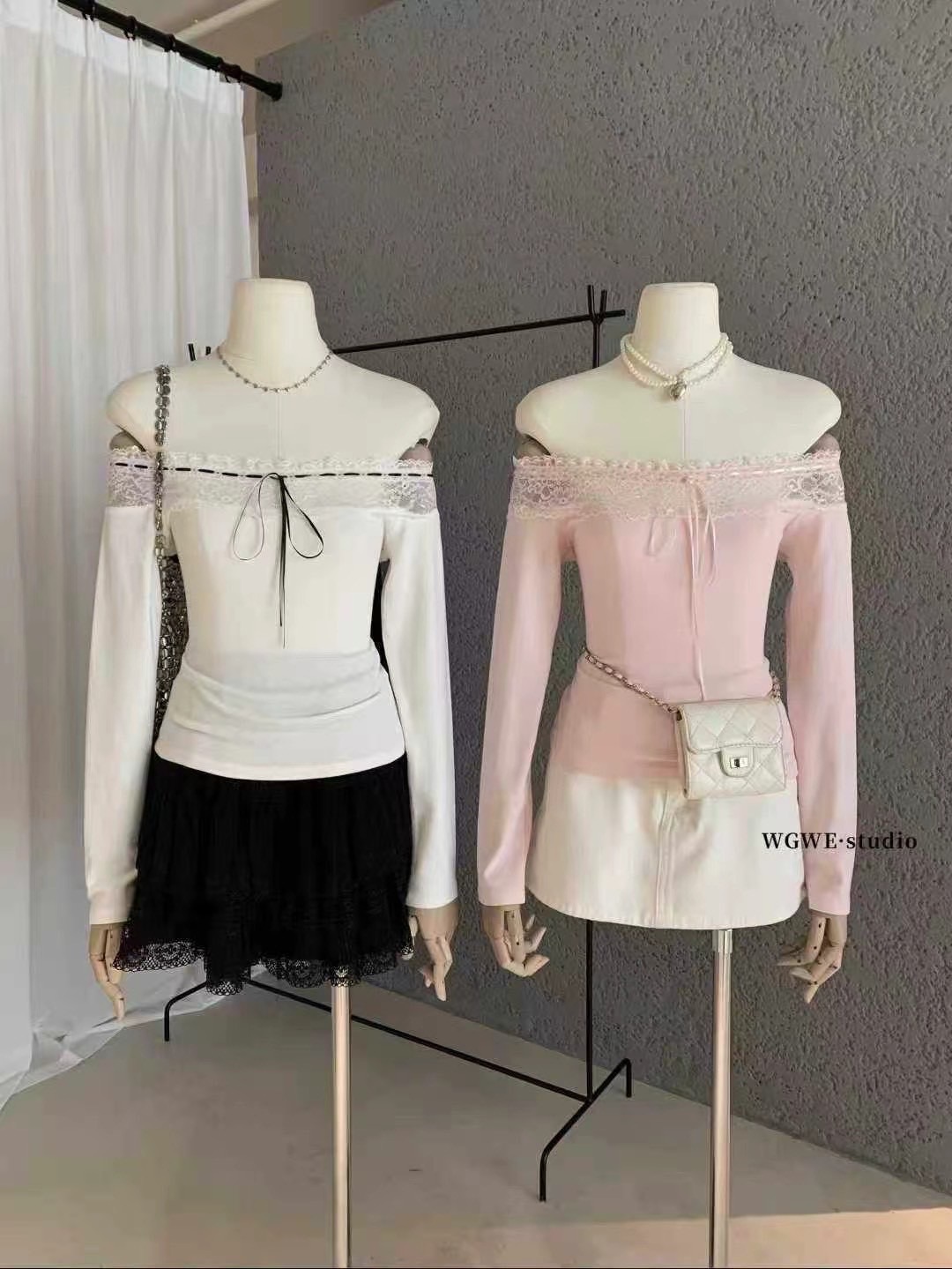 🎀 拼接蕾絲綁帶露肩上衣