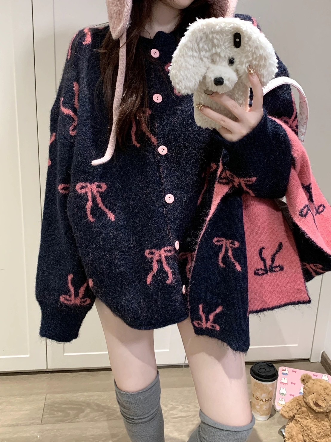 甜美風蝴蝶結排扣毛衣外套含「圍巾」🎀