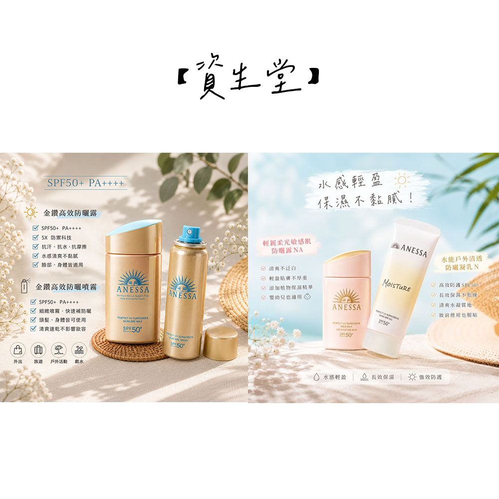 【資生堂】安耐曬 金鑽 高效 防曬露 防曬 防曬乳 5X版 敏感肌 噴霧/膠原保濕防曬水凝乳