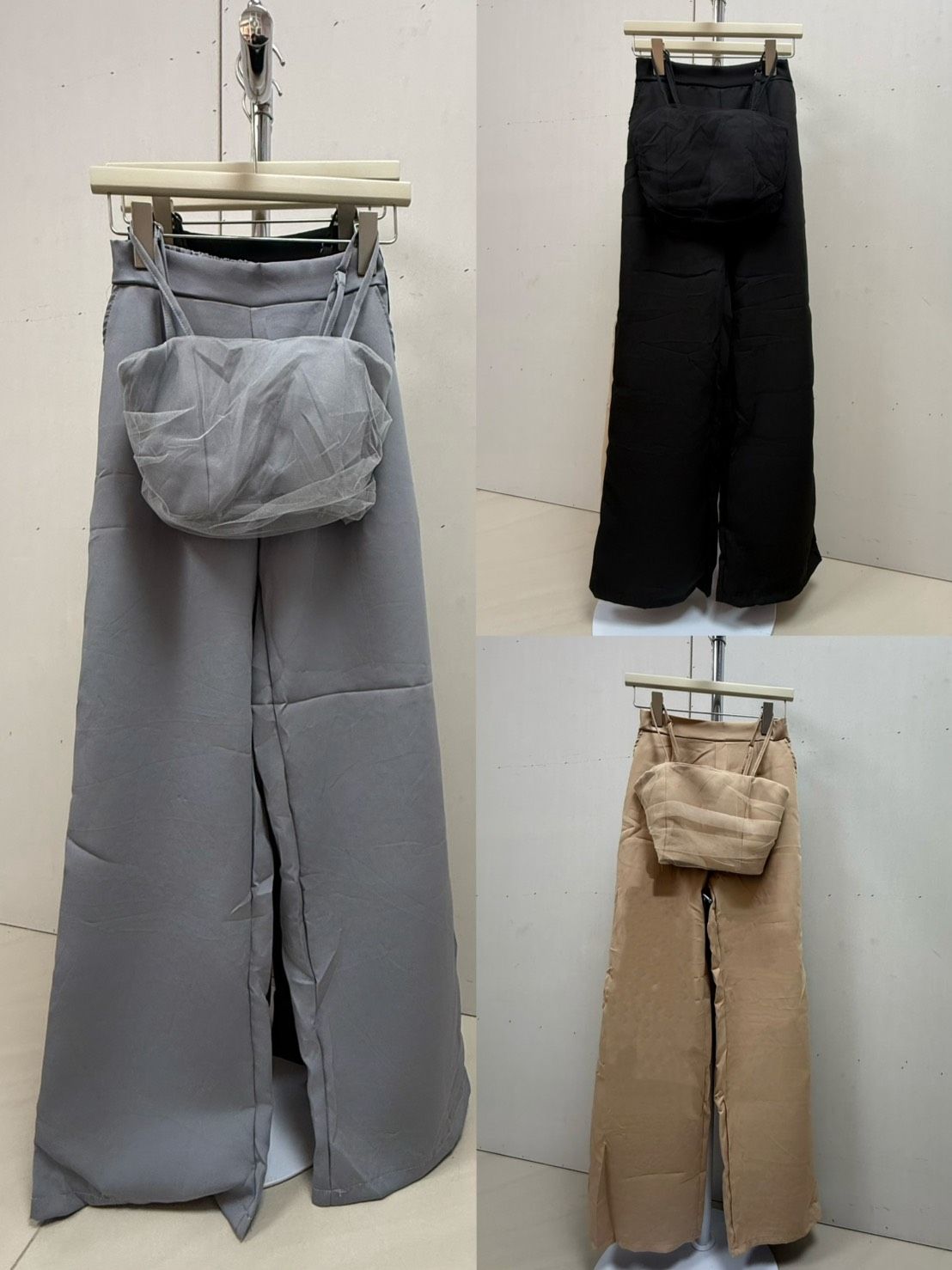 細肩網紗背心+西裝寬褲set