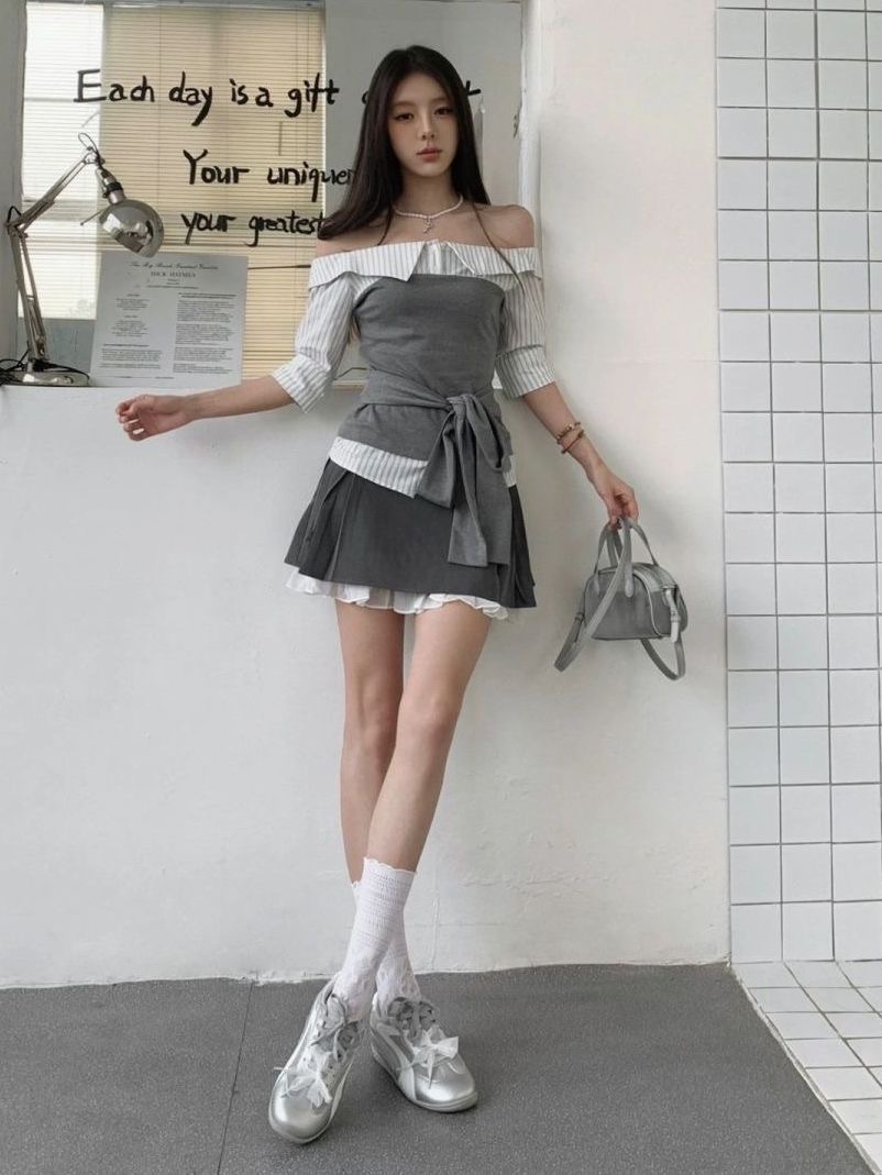 韓系一字肩綁帶收腰上衣與半身裙兩件套