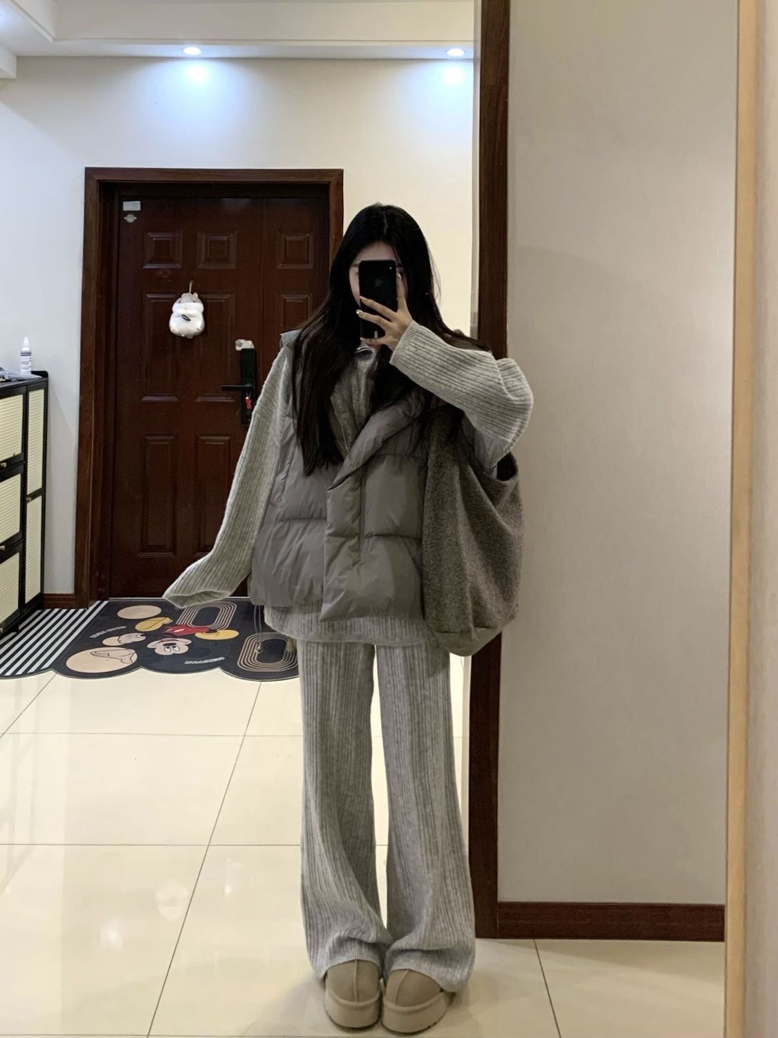 慵懶風冬季寬松毛衣闊腿褲背心三件套