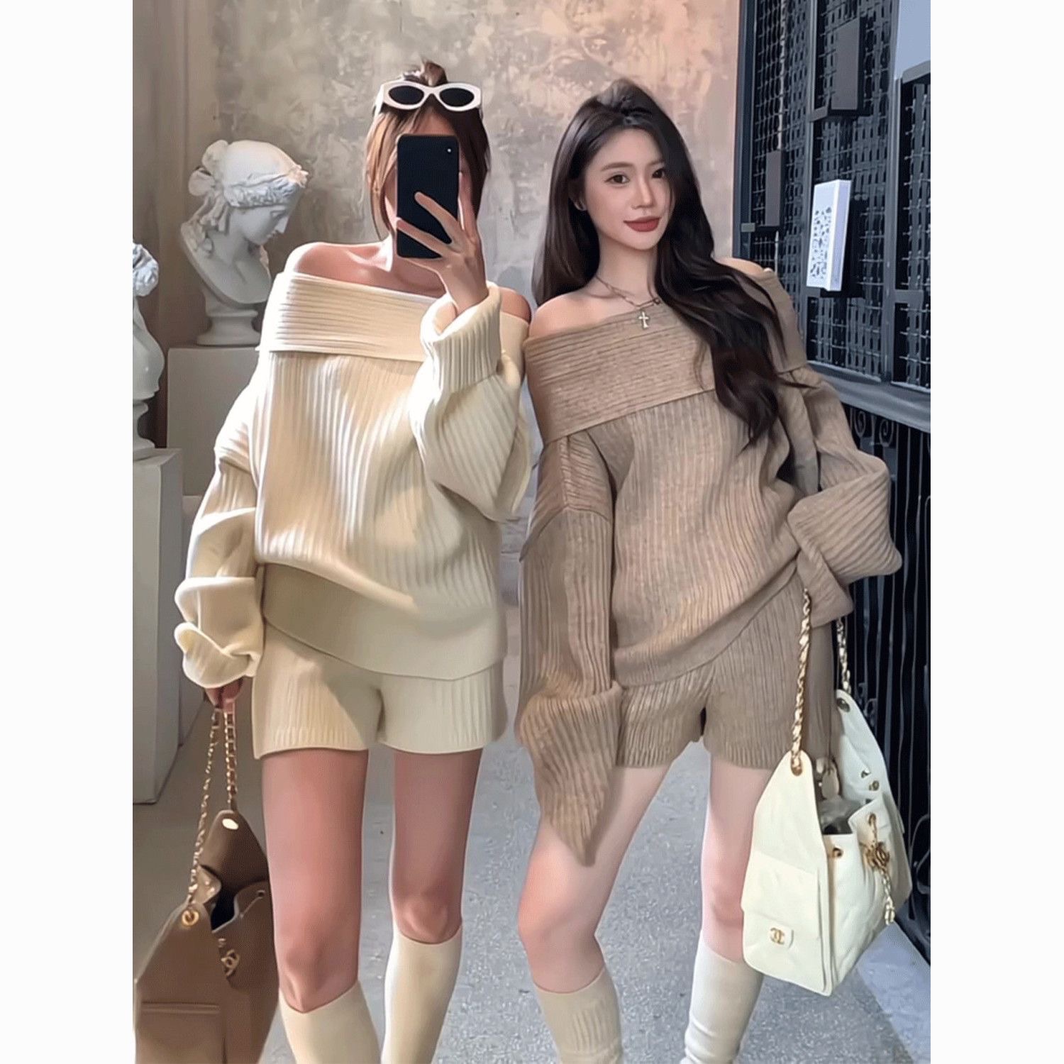 氣質寬一字肩毛衣加短褲兩件套