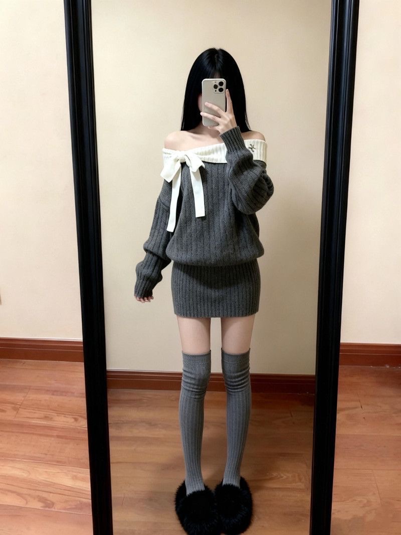 法式氣質蝴蝶結一字肩設計感包臀連身裙