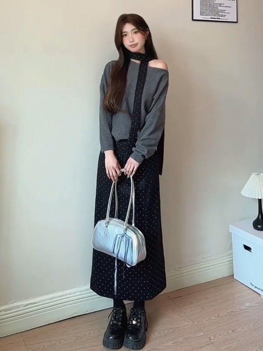 一字肩針織毛衣加波點氣質長裙兩件套