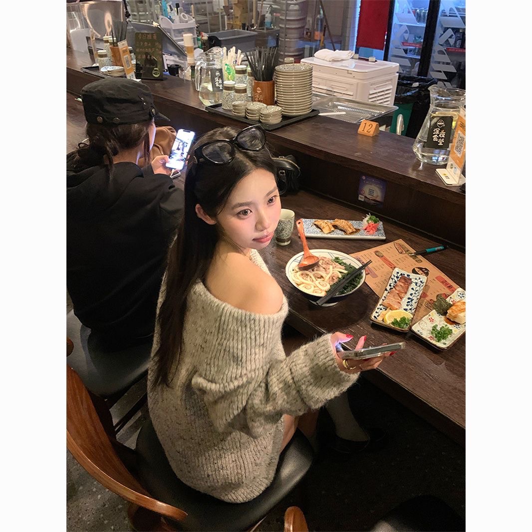 灰色韓系一字領毛衣