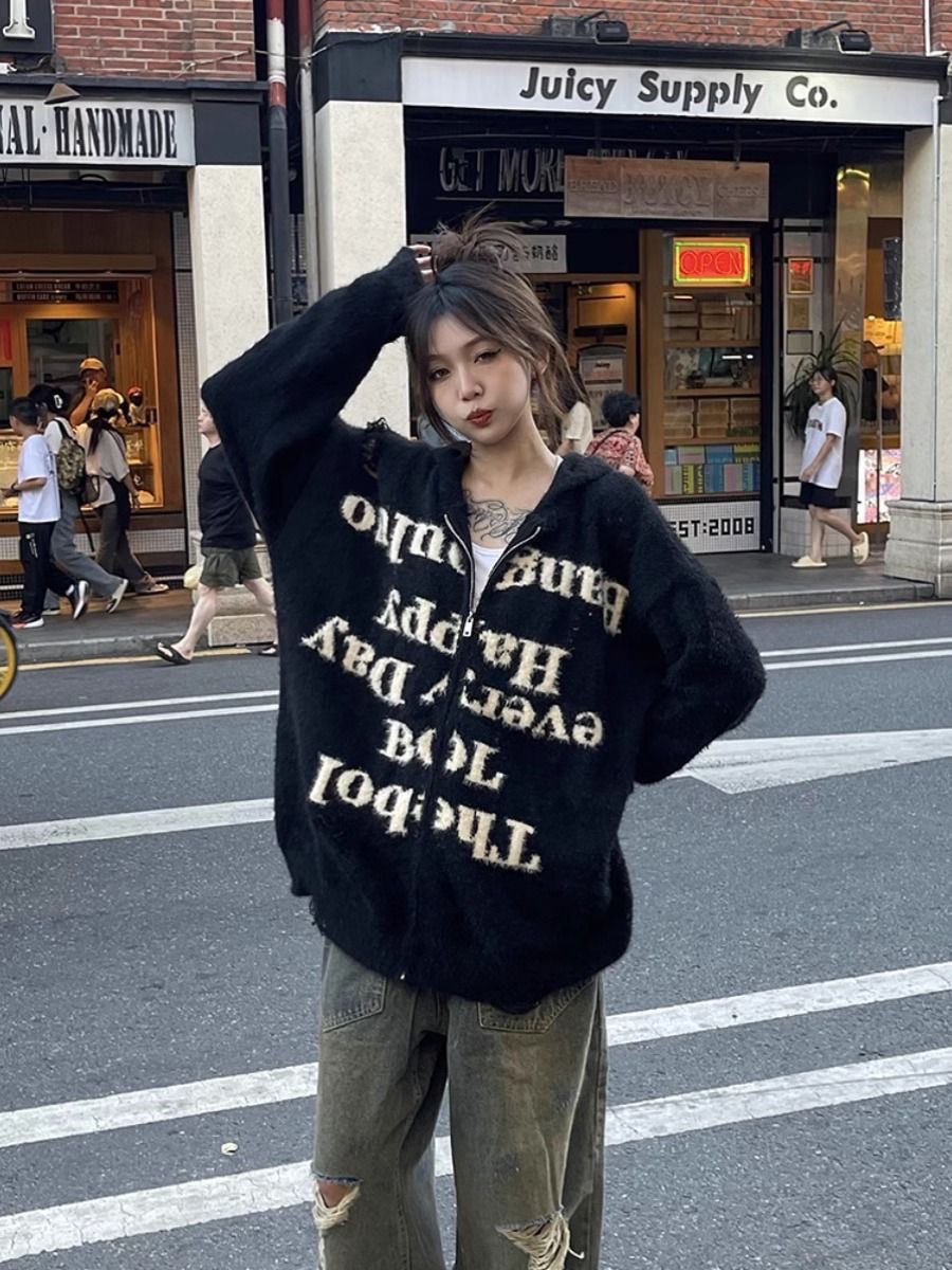 美式毛絨絨破洞造型外套