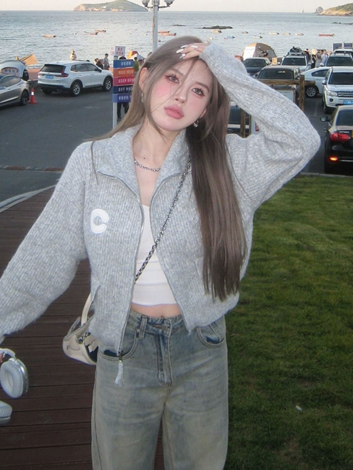 韓系灰色拉鍊高領針織短款外套