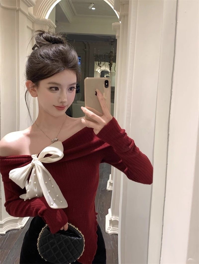 氣質一字肩蝴蝶結針織上衣