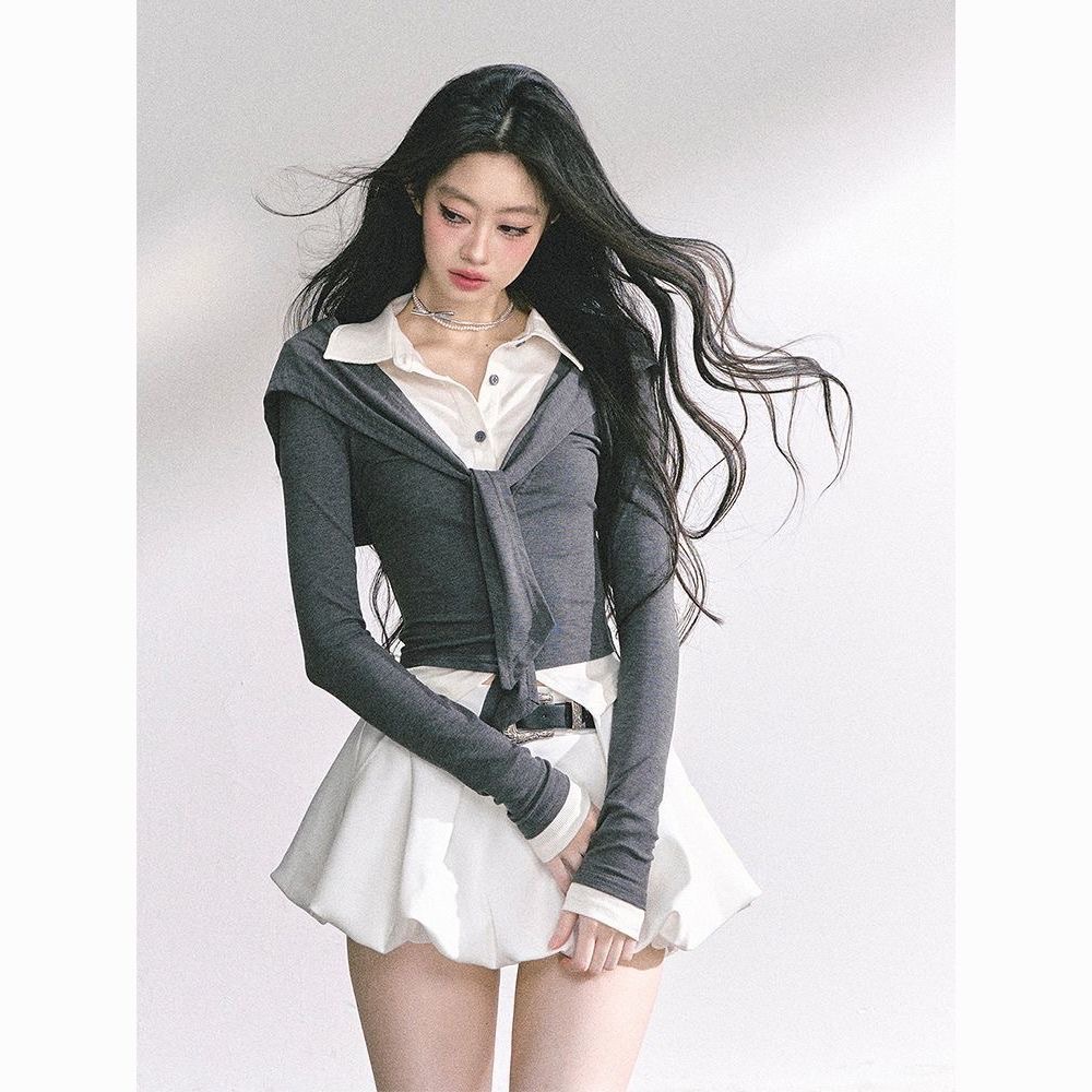 韓系假兩件長袖收腰上衣+花苞裙套裝