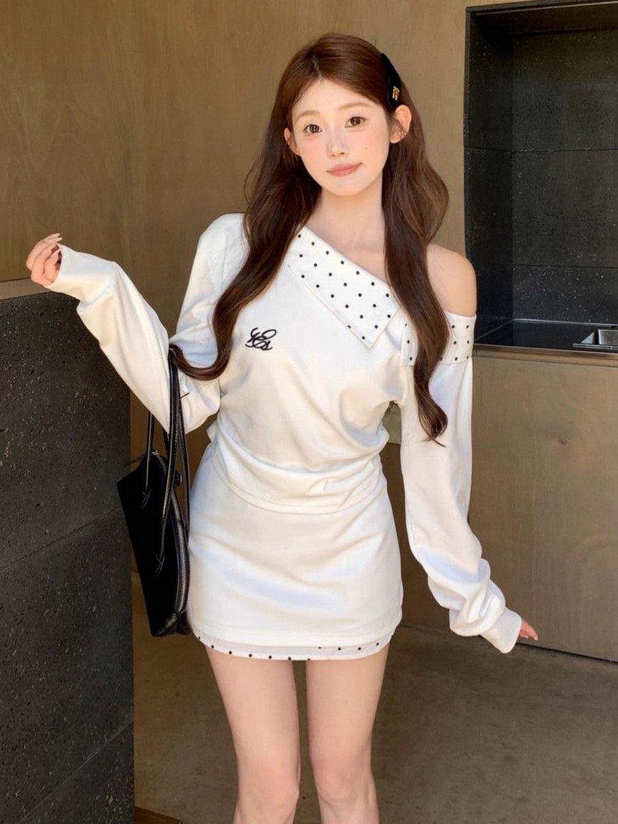 韓系斜肩設計感波點上衣拼接短裙兩件套