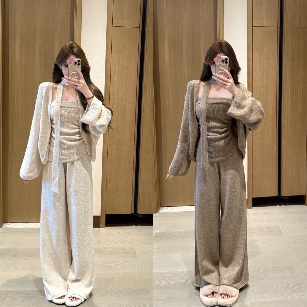 純欲慵懶針織抹胸加罩衫加長褲三件套