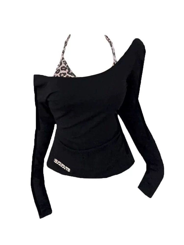 美式甜辣修身豹紋吊帶上衣兩件套