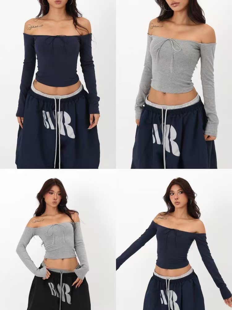 美式復古辣妹一字領上衣