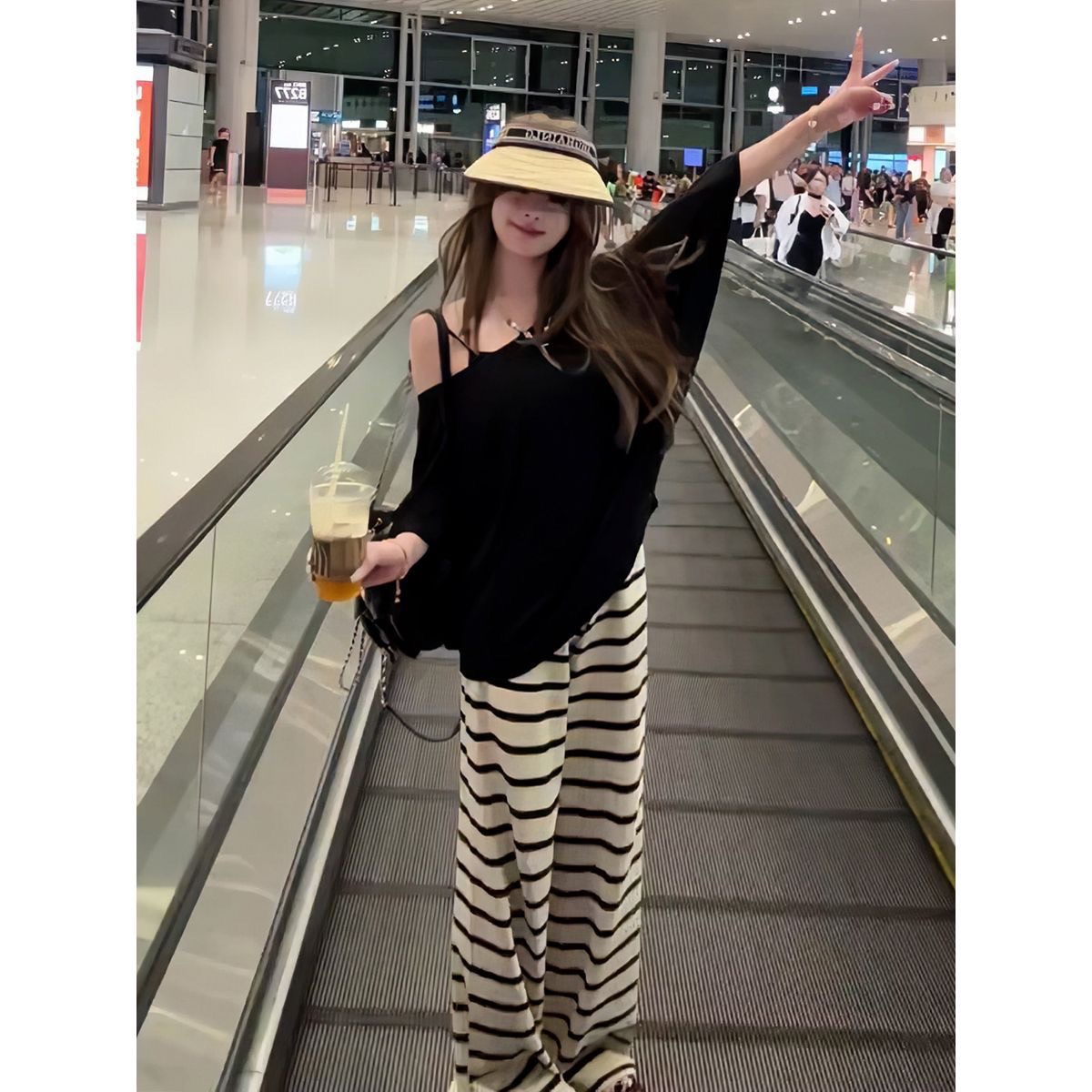 慵懶風法式v領條紋闊腿褲兩件套