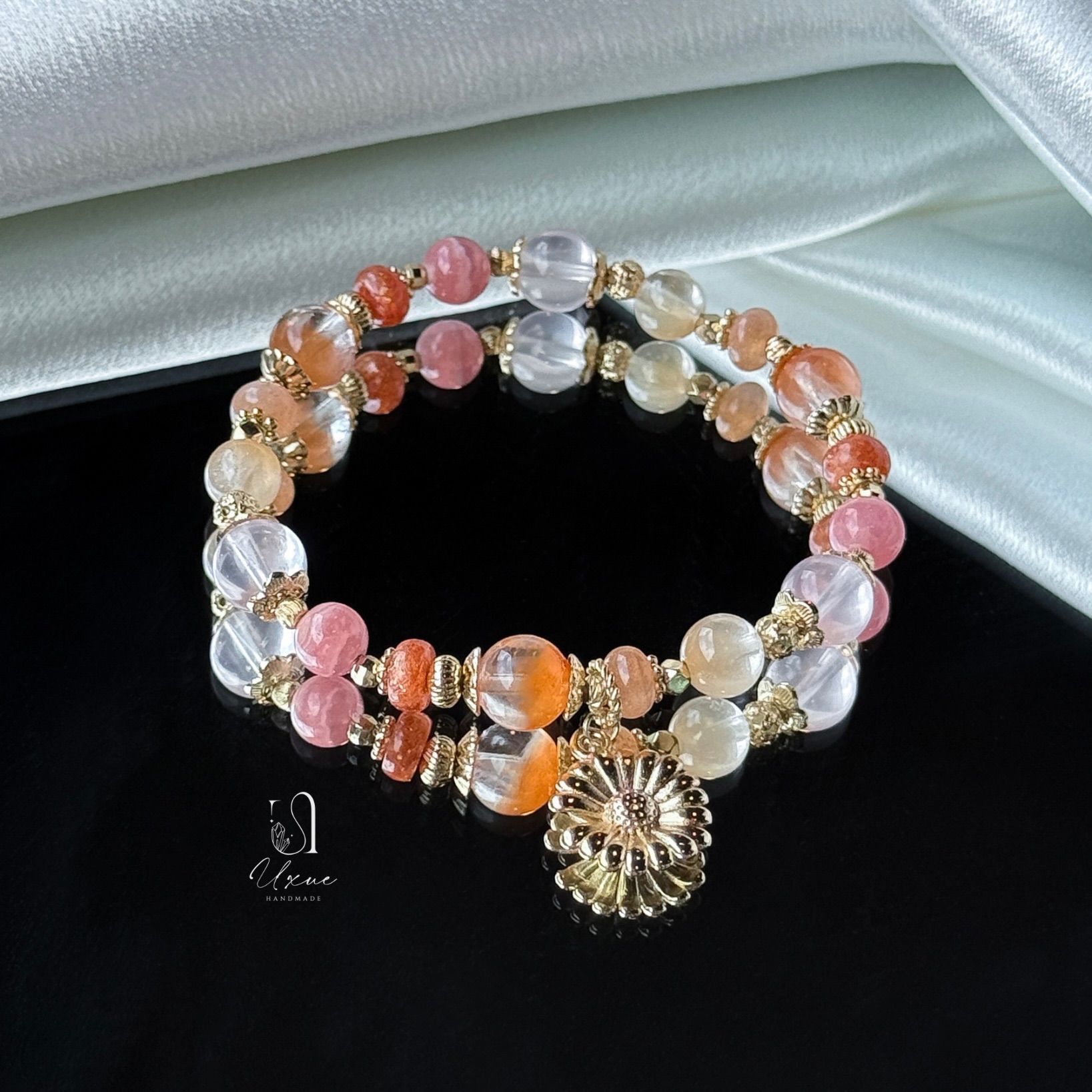 朝陽綻放——紅兔毛、黃兔毛、粉晶、太陽石、紅紋石