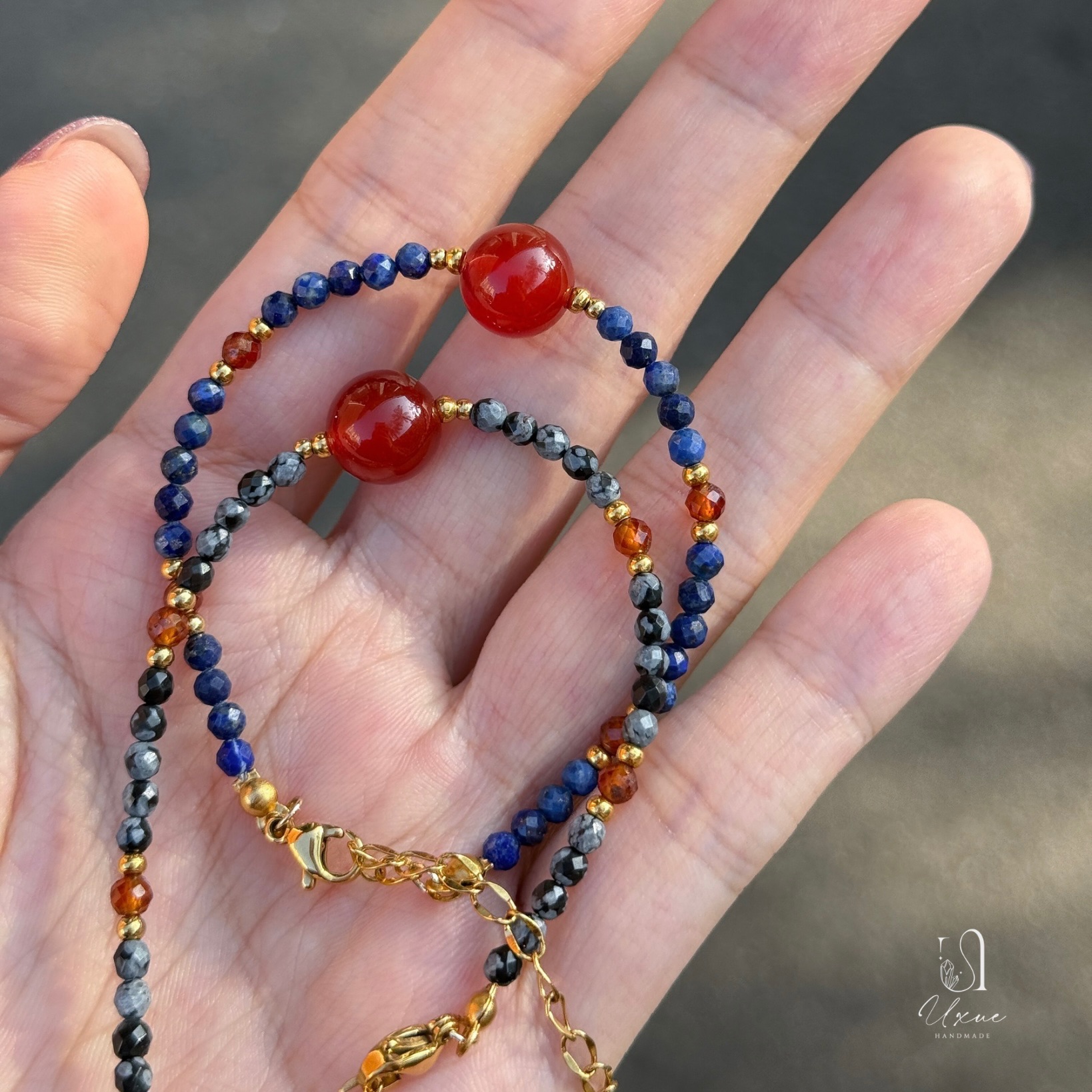 過年一點紅——紅瑪瑙、青金石、橙石榴石、雪花黑曜石