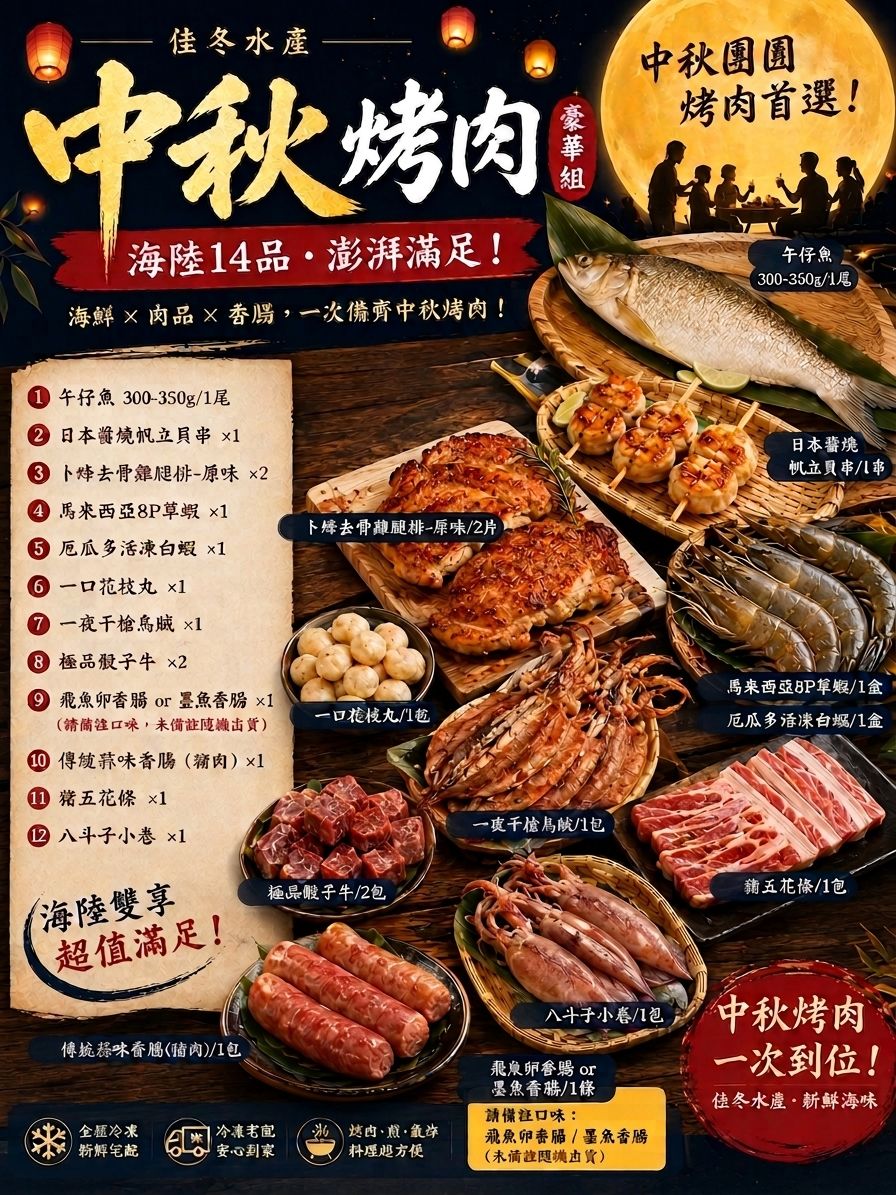 [14件組免運] 中秋烤肉豪華組 （魚蝦肉都有）適合8~12人