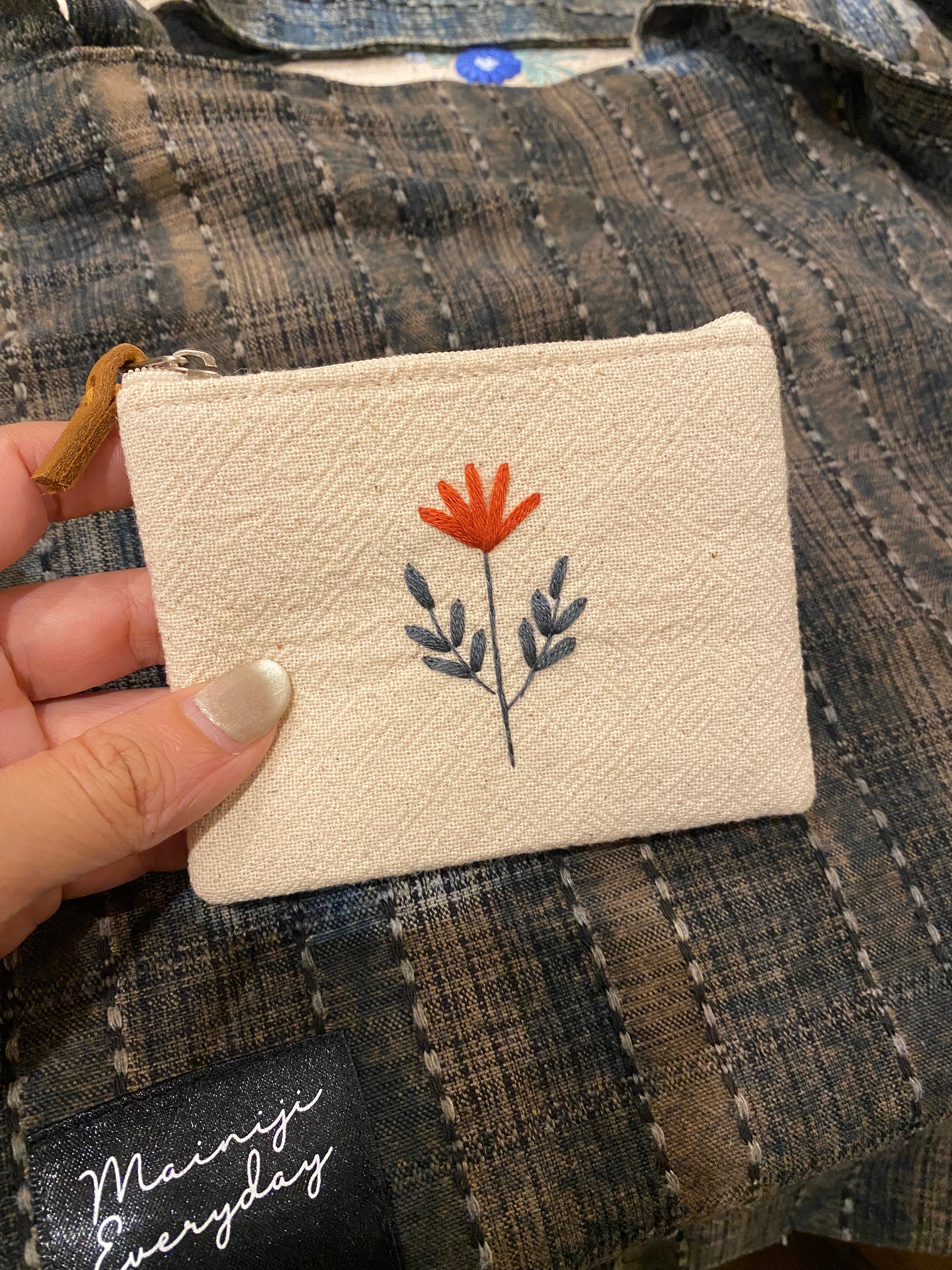 花草刺繡｜小拉鏈包 橘