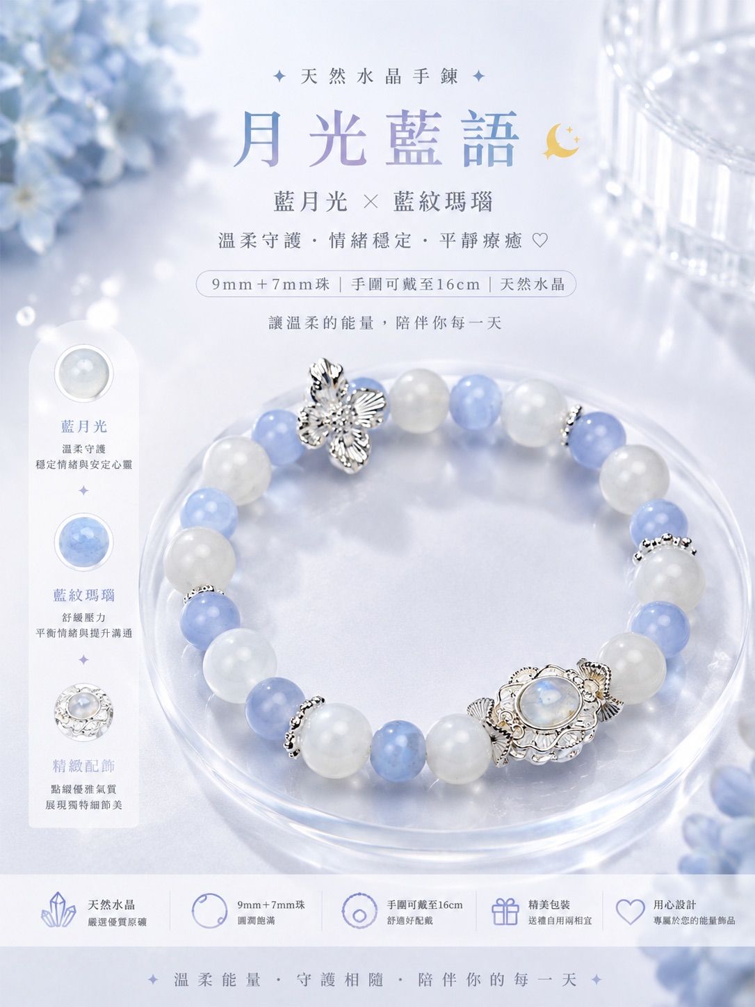 【水晶手串】月光藍語|🩵藍月光＆🤍藍紋瑪瑙