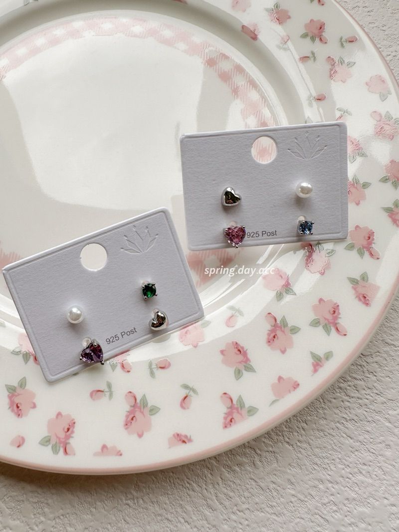 現貨｜s925｜彩鑽愛心珍珠純銀耳針