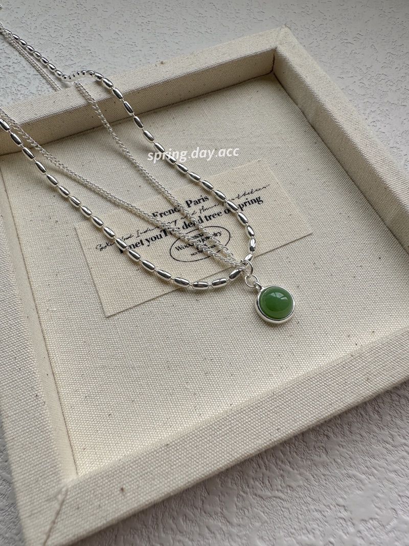現貨｜銅鍍真銀｜祖母綠圓石米粒雙層項鍊