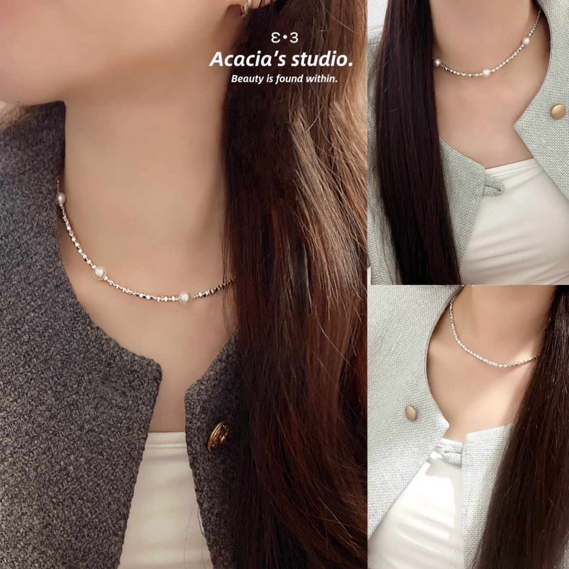 鈦鋼｜碎銀珍珠˙˚°鈦鋼項鍊 鎖骨鍊