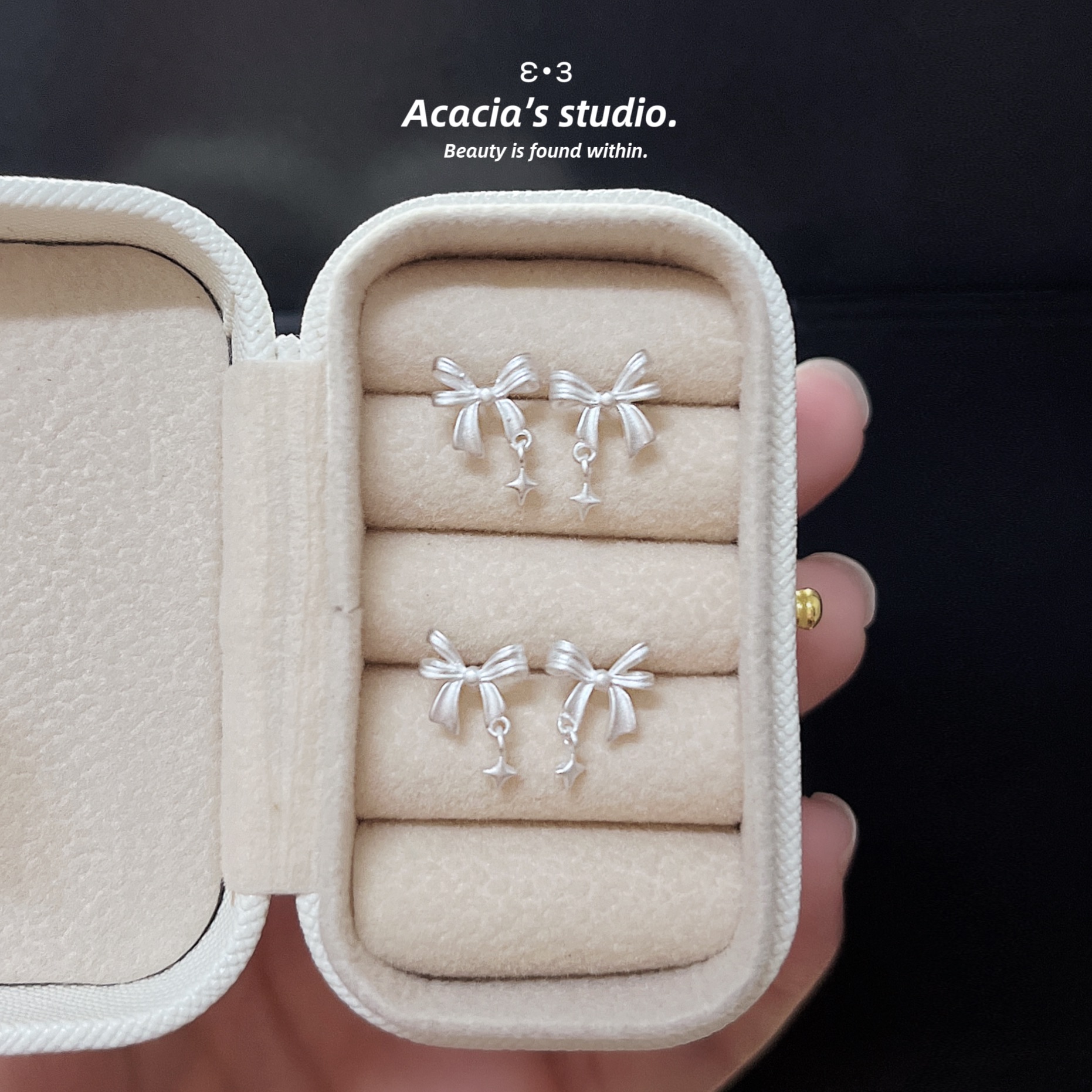 S925純銀｜霧面磨砂୨୧₊十字星小吊墜蝴蝶結耳釘