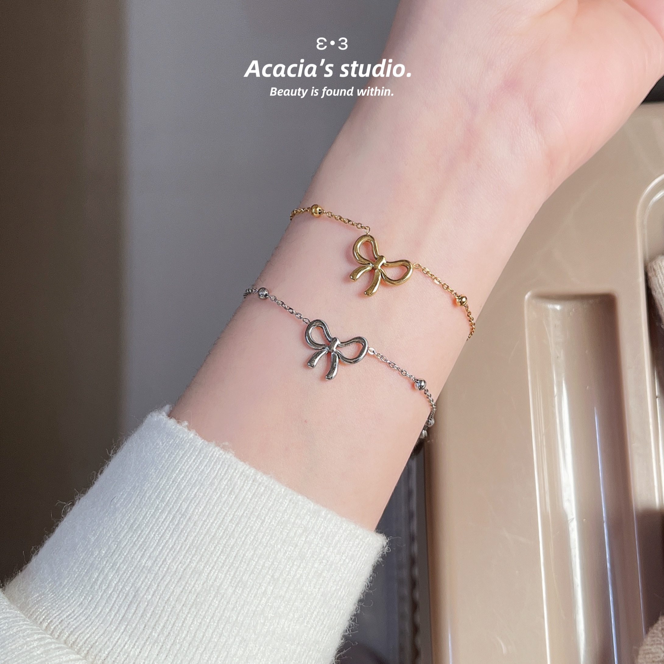 鈦鋼｜俏皮☻蝴蝶結圓珠手鍊