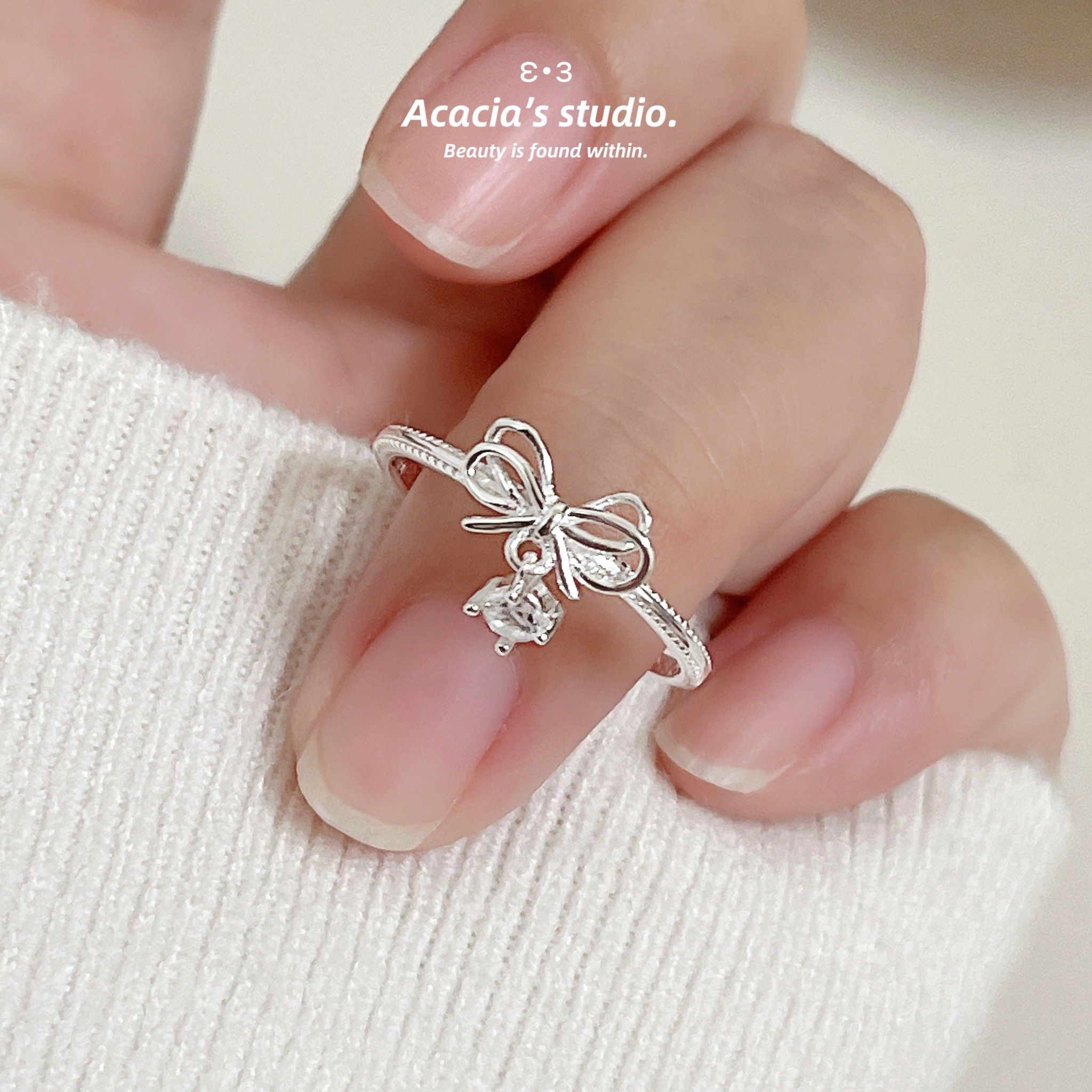 S925純銀｜韓版小鑽吊墜蝴蝶結戒指
