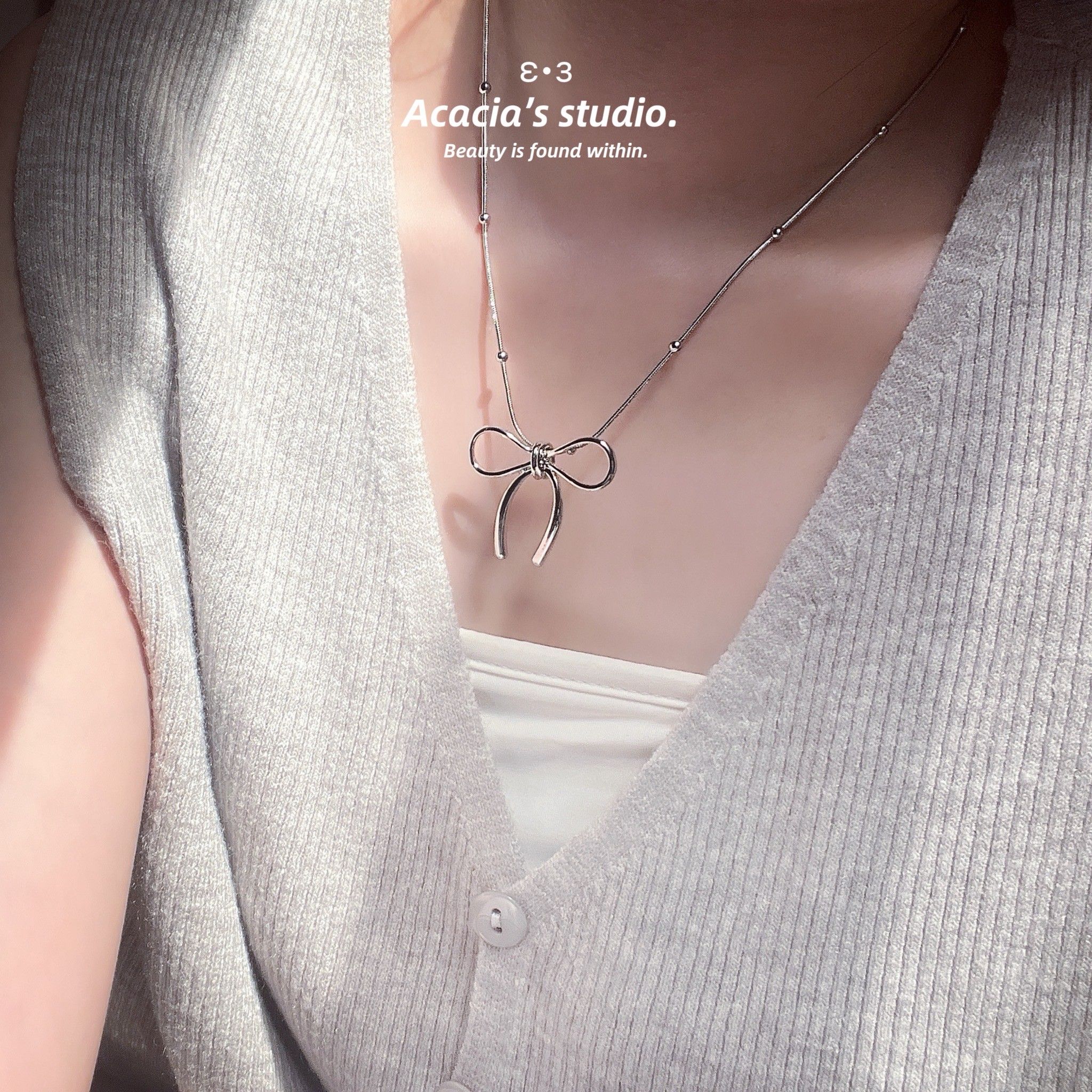 鈦鋼｜甜酷🕶️大蝴蝶結吊墜！鈦鋼項鍊 珠珠鍊