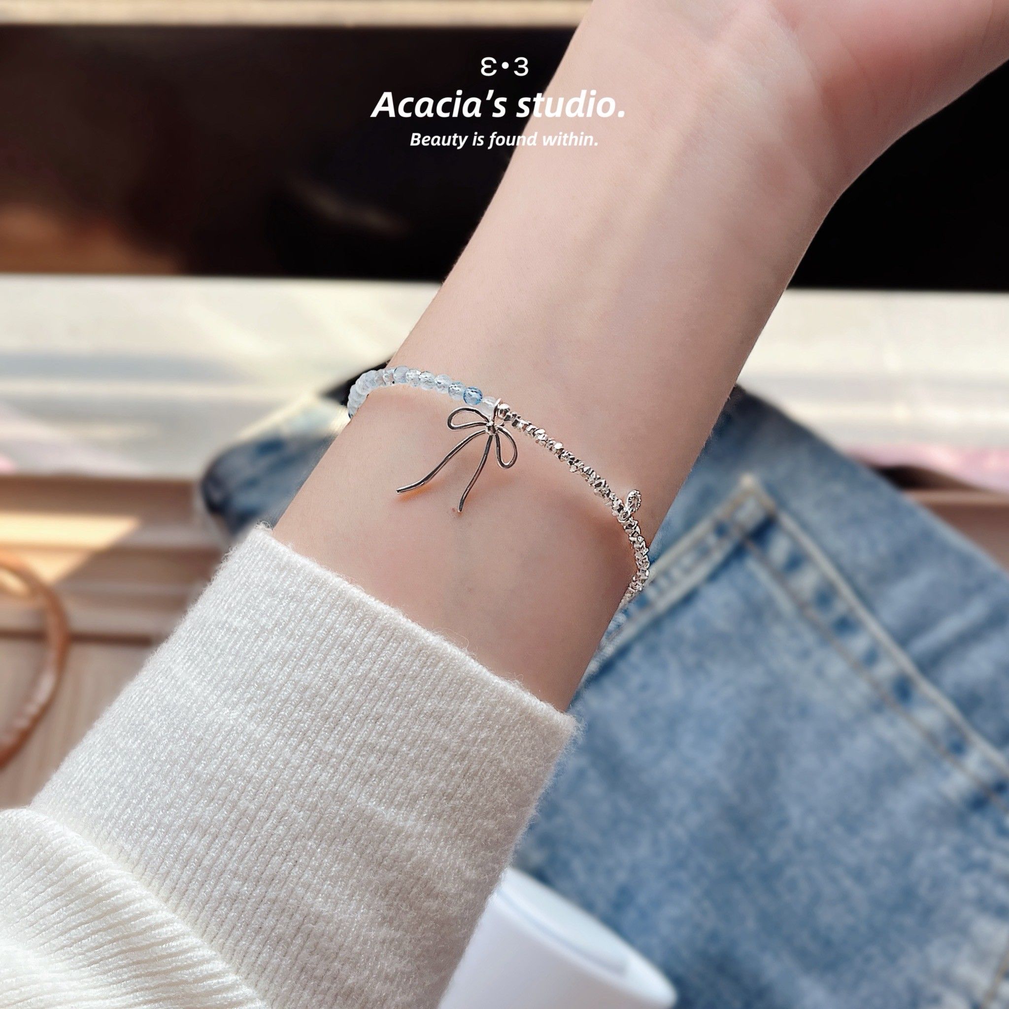 S925純銀｜海面上的粼光x海藍寶水晶碎銀手鍊