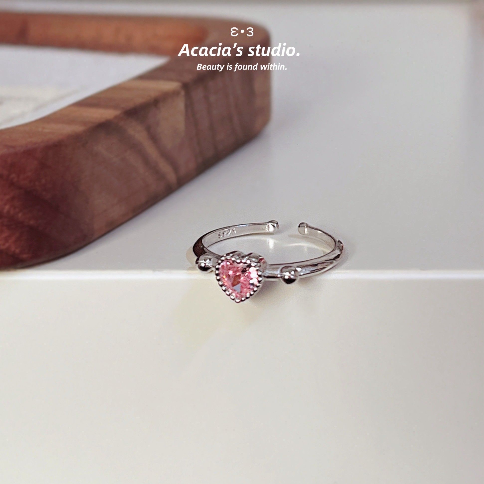 S925純銀｜立體粉鑽心跳💗開口戒