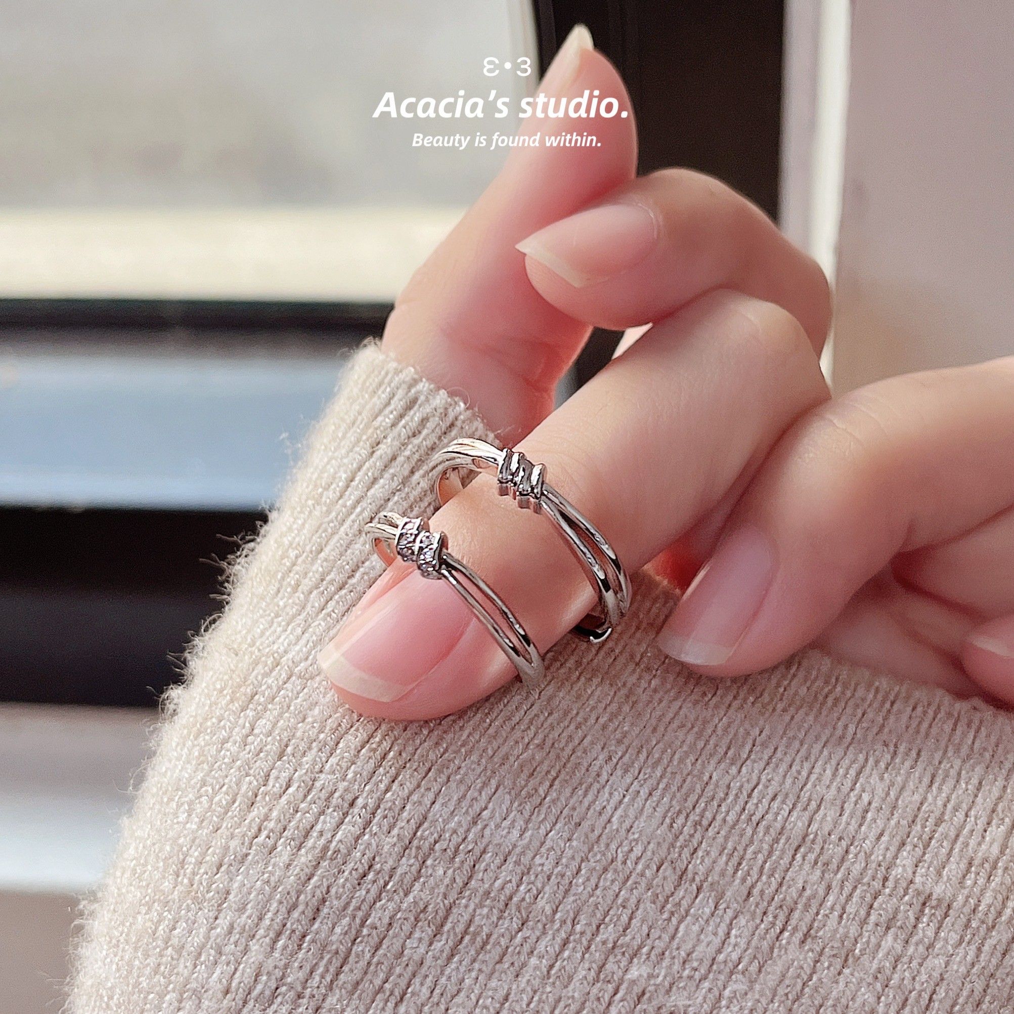 S999足銀｜雙層鑲鑽不分離情侶對戒 可調節式