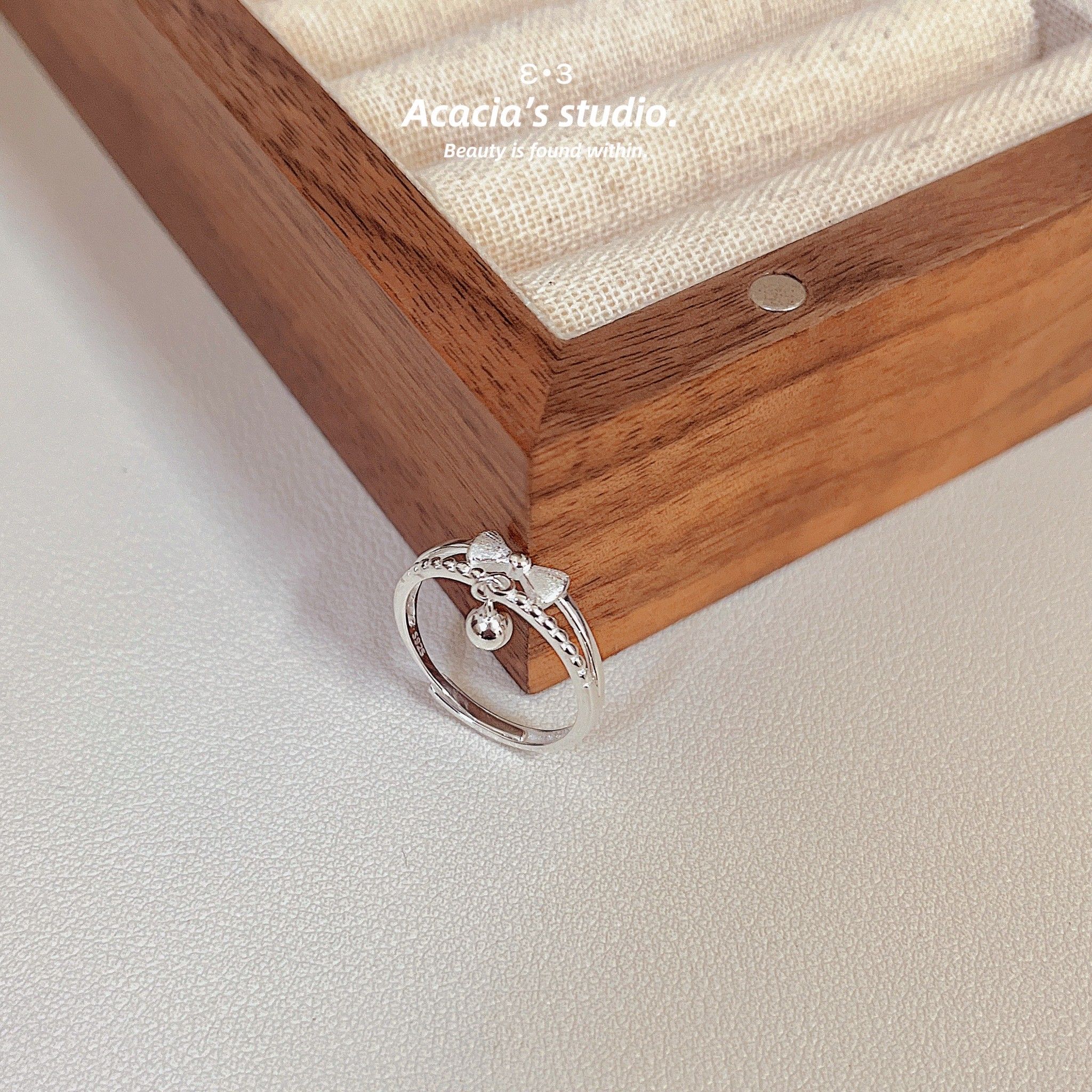 S925純銀｜磨砂拉絲雙層小領結圓珠戒指 可調節式