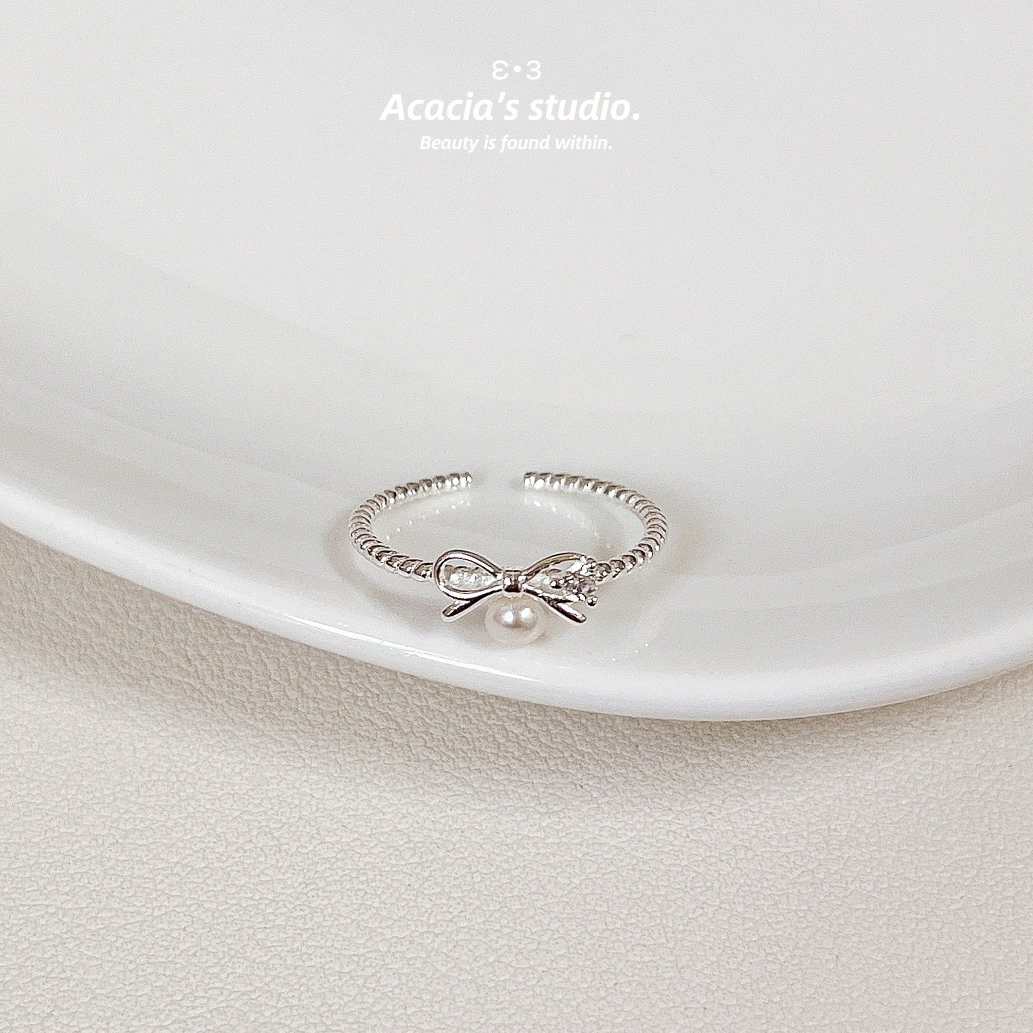 S925純銀｜淡水珍珠閃鑽🧚‍♀️韓系蝴蝶結麻花戒指