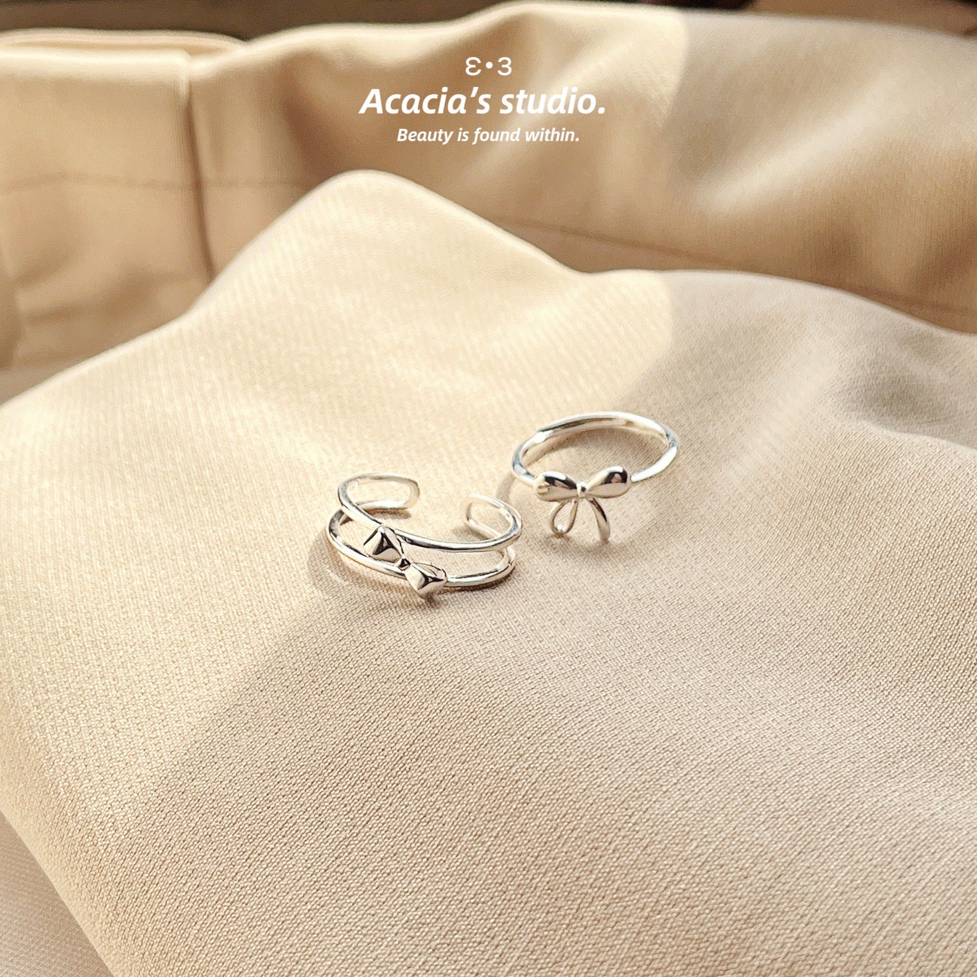 S925純銀｜雙層立體領結ε•з 甜美圓圈蝴蝶結可調節式戒指