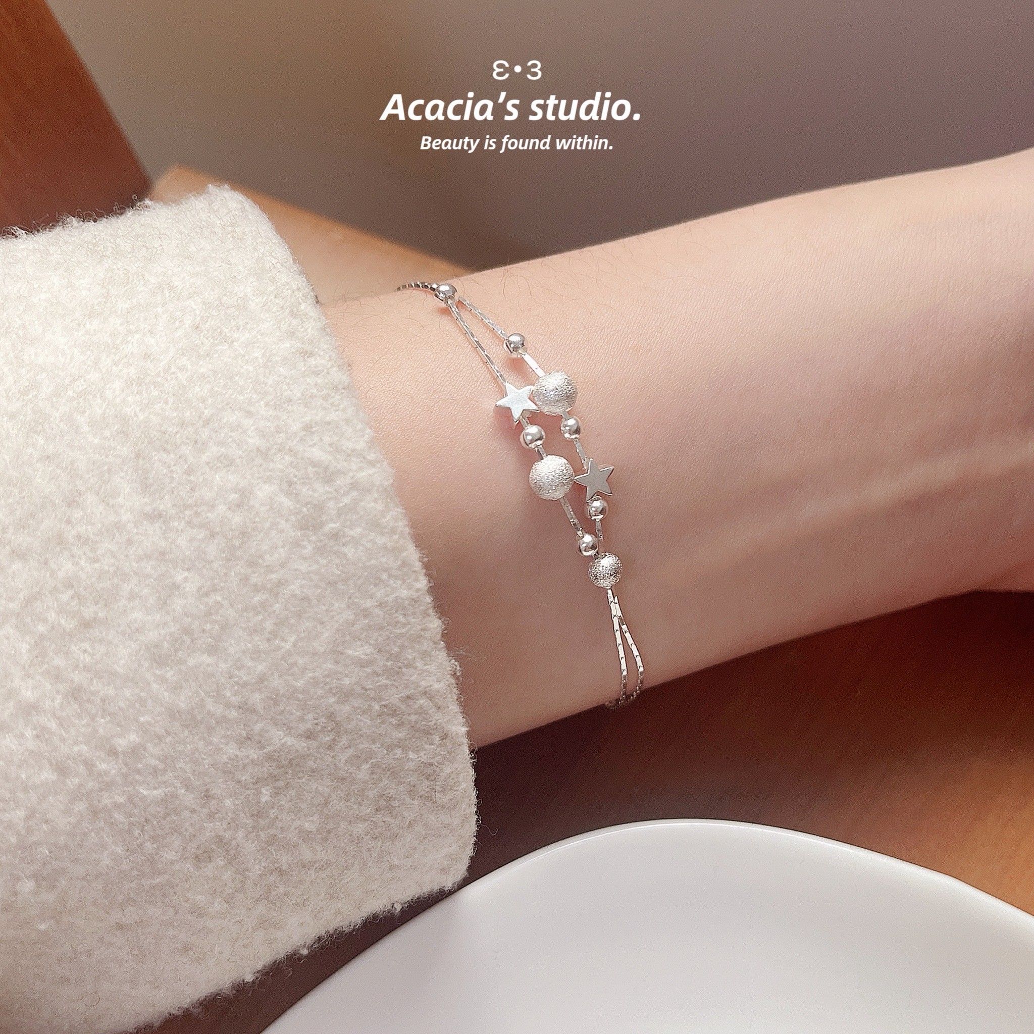 S925純銀｜雙層銀河星空★磨砂韓系星星手鍊